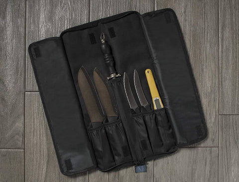 Asaya Chef Knife Roll Bag includes zippered pockets for utensils.