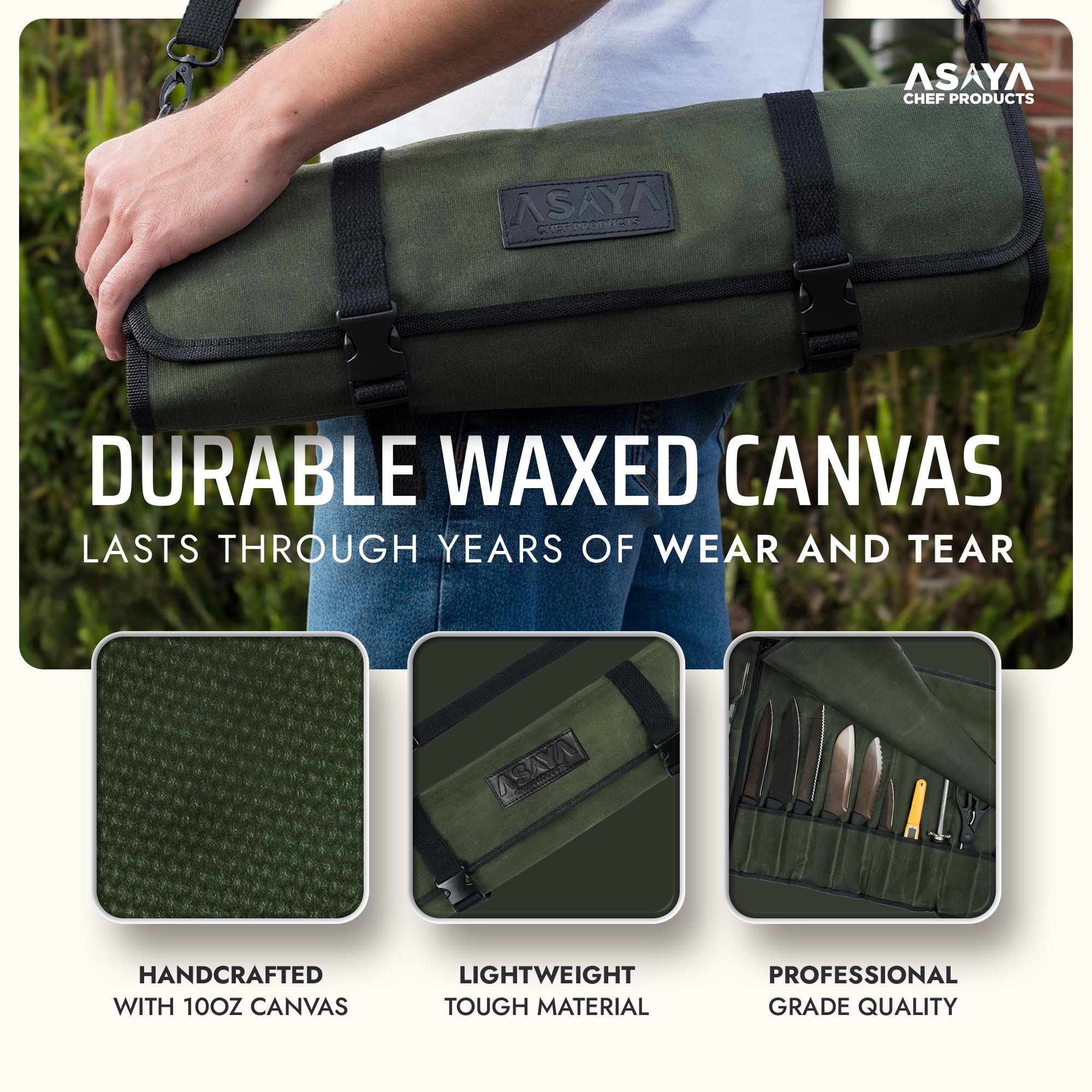 Asaya forest-green knife roll with adjustable shoulder strap for easy transport