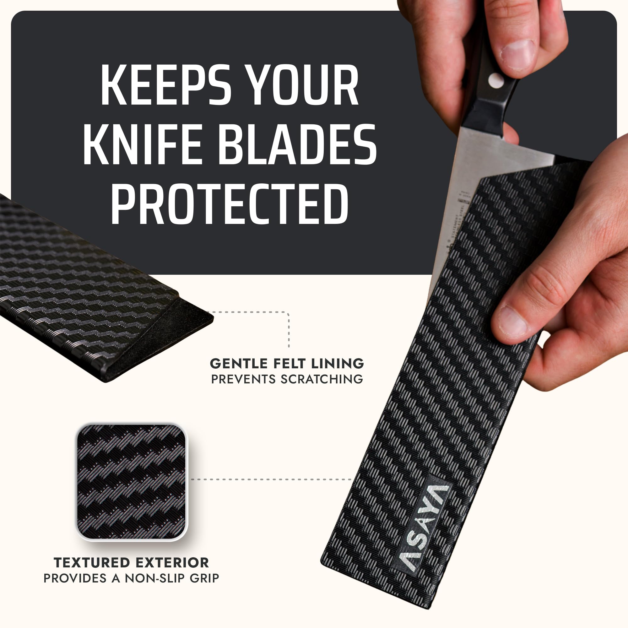 Asaya edge guard BPA-free material keeps knives safe for storage.