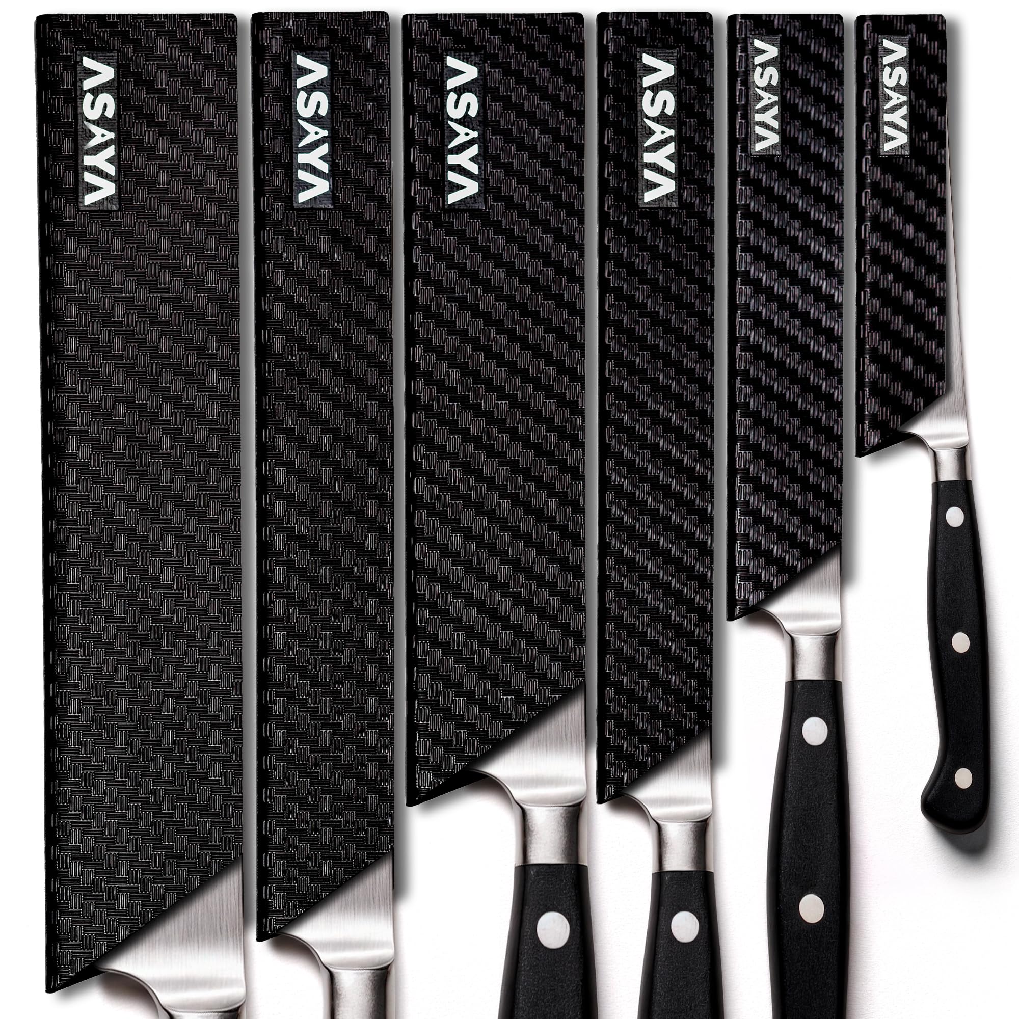 Asaya knife edge guard pair protects blades during storage and transport.
