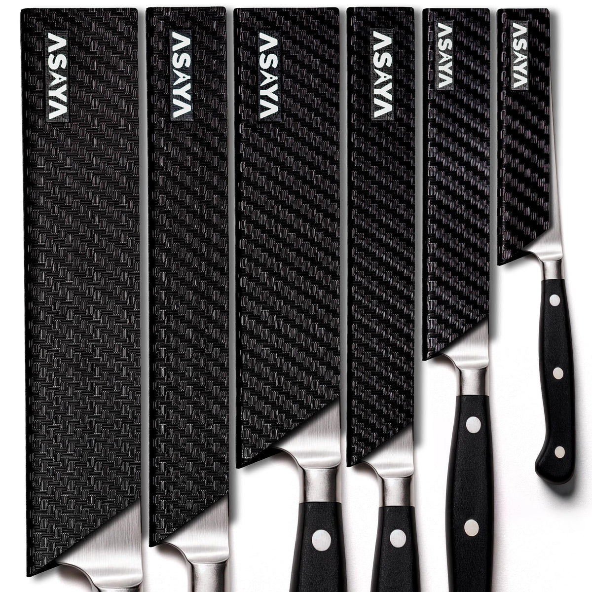 Asaya knife edge guard pair protects blades during storage and transport.