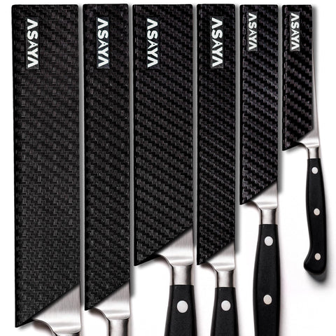 Asaya knife edge guard pair protects blades during storage and transport.