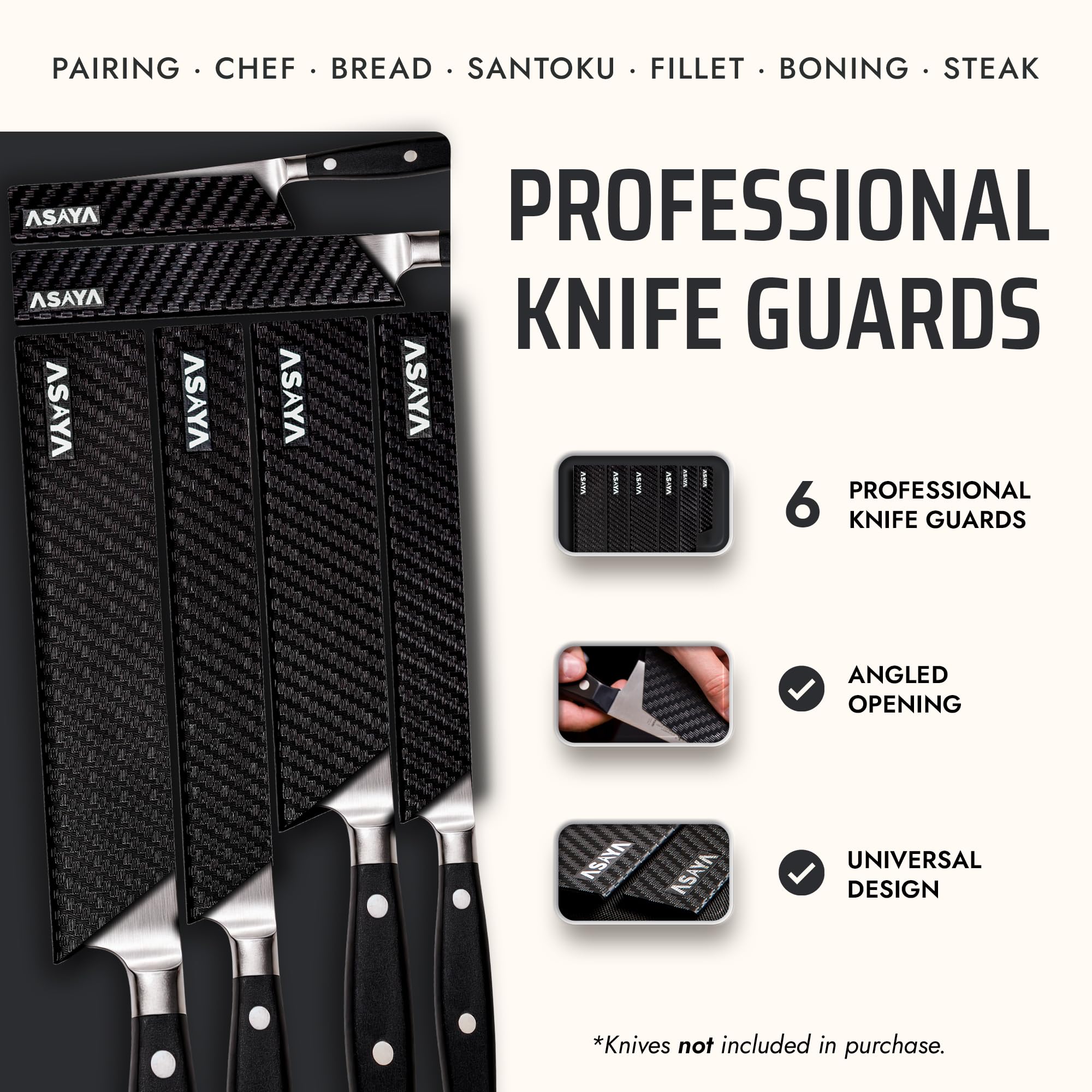 Asaya knife edge guard universal design fits angled or straight handles securely.