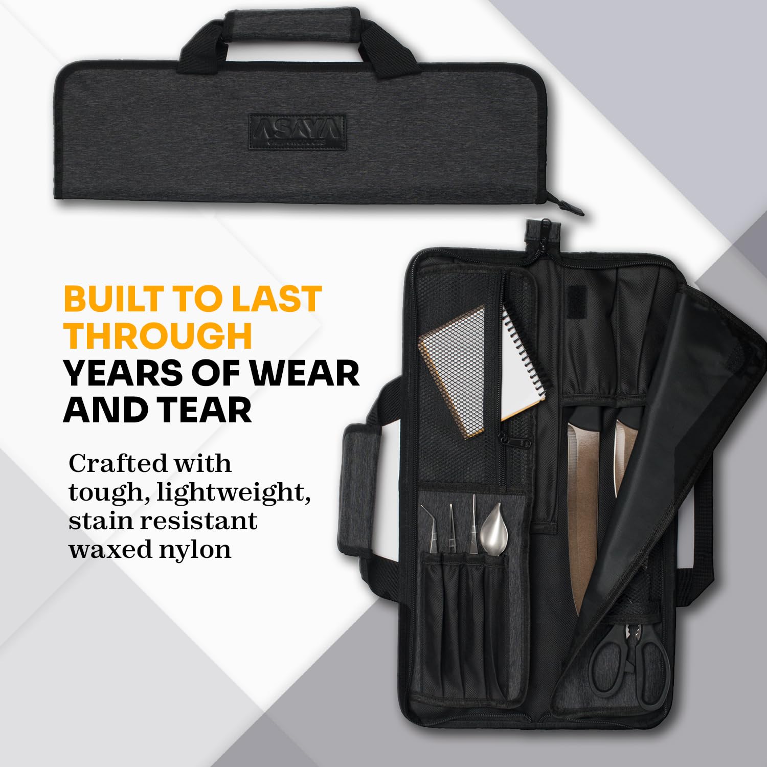 Asaya knife roll features lightweight, stain-resistant nylon for easy portability