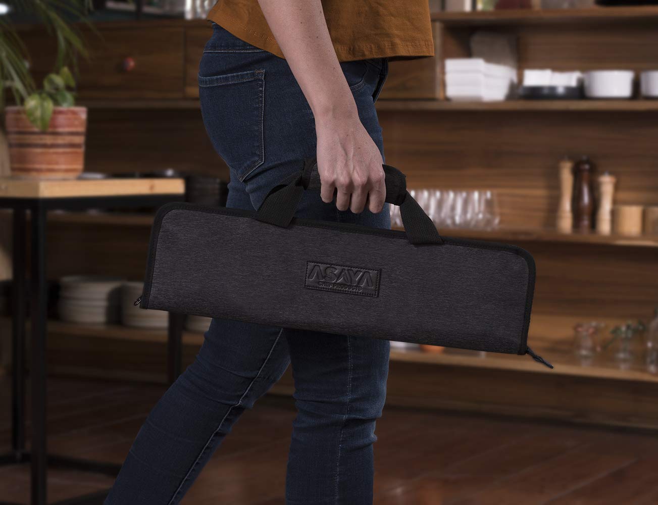 Asaya knife roll keeps knives up to 17 inches including tang securely stored