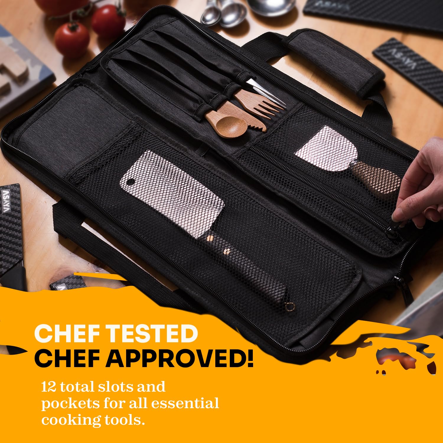 Asaya knife roll protects blades with 12-pocket layout and secure closures