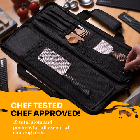 Asaya knife roll protects blades with 12-pocket layout and secure closures