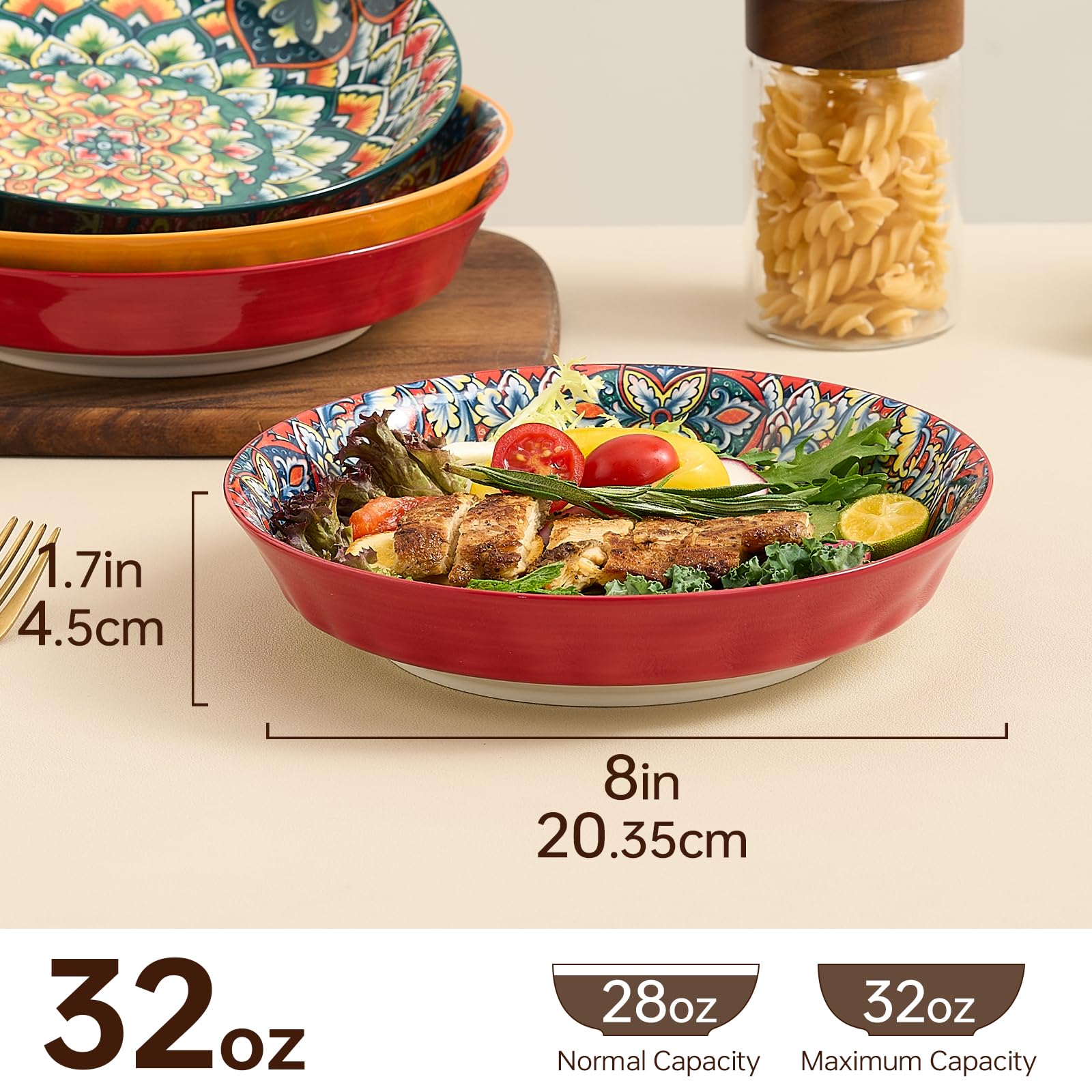 ASBEFORE bohemian patterned dinner bowls add lively color to every meal.