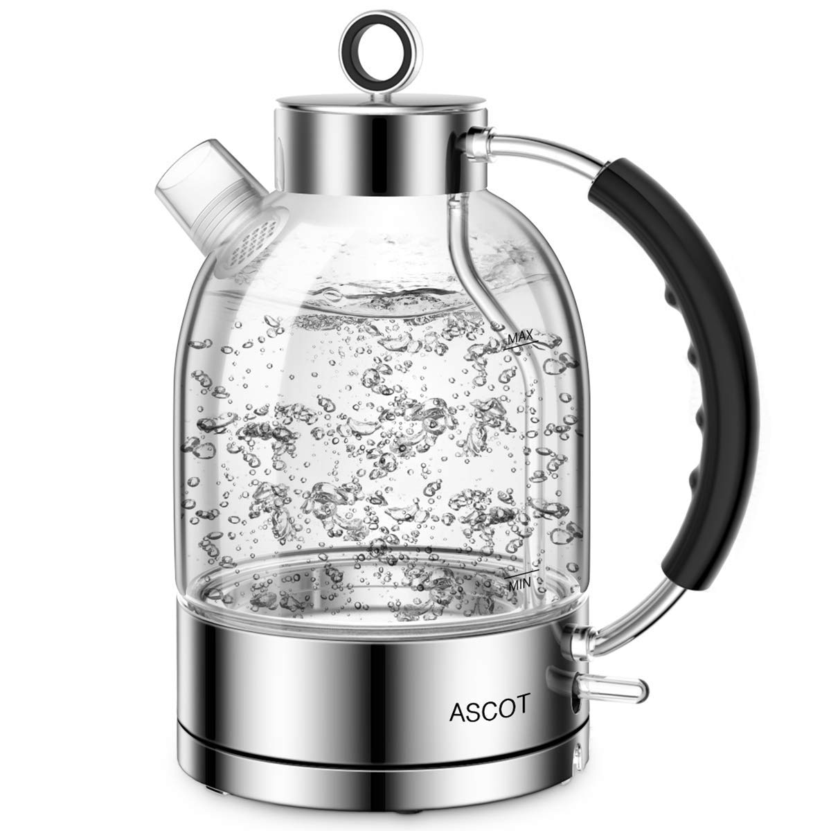 ASCOT electric kettle with glass body and 1.6L capacity for fast, even boiling.