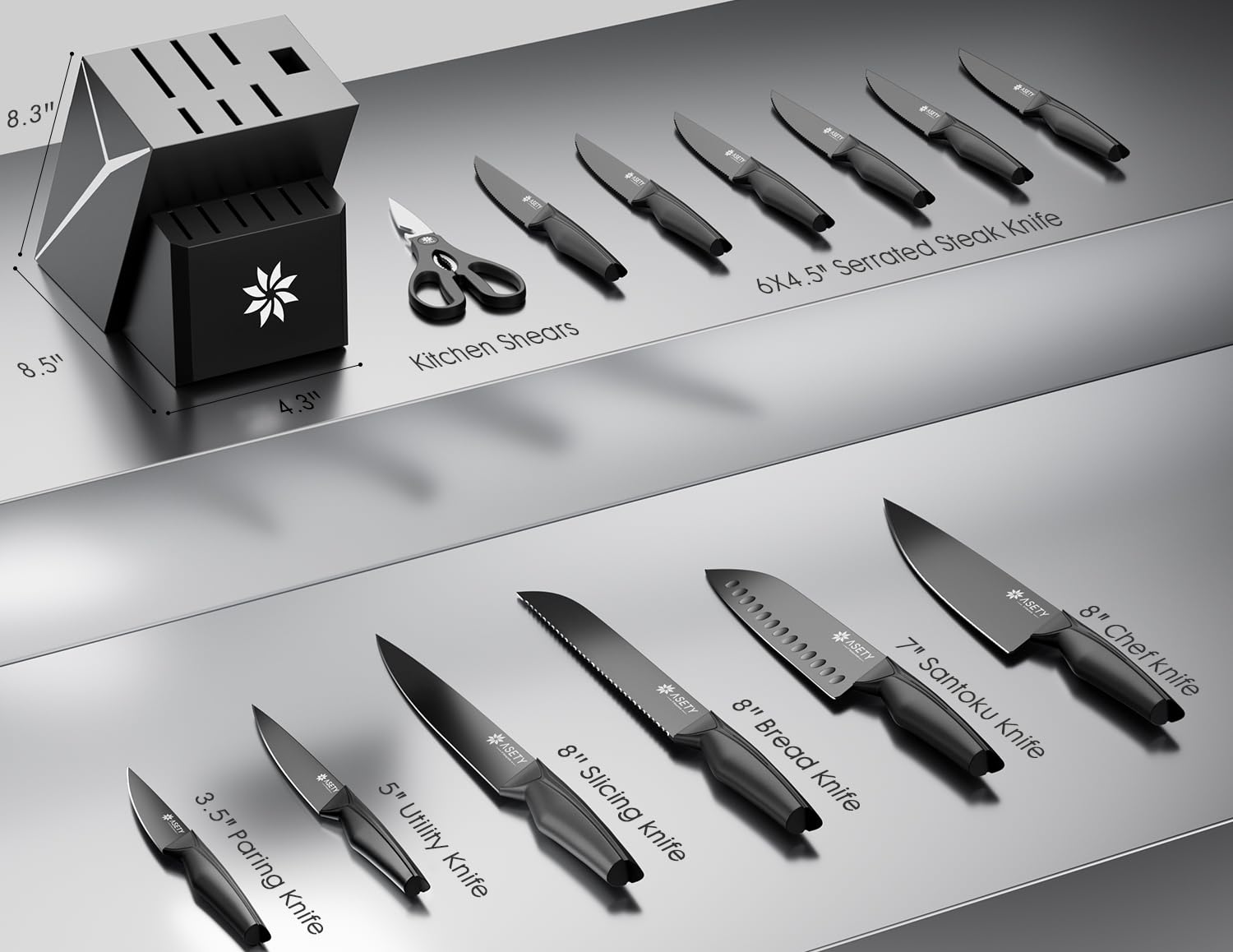 ASETY 8-piece black knife set designed for precise slicing and versatile meal prep.