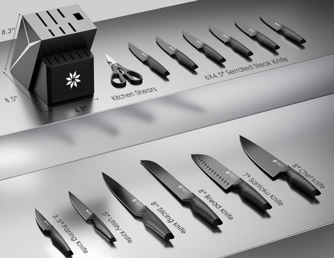 ASETY 8-piece black knife set designed for precise slicing and versatile meal prep.