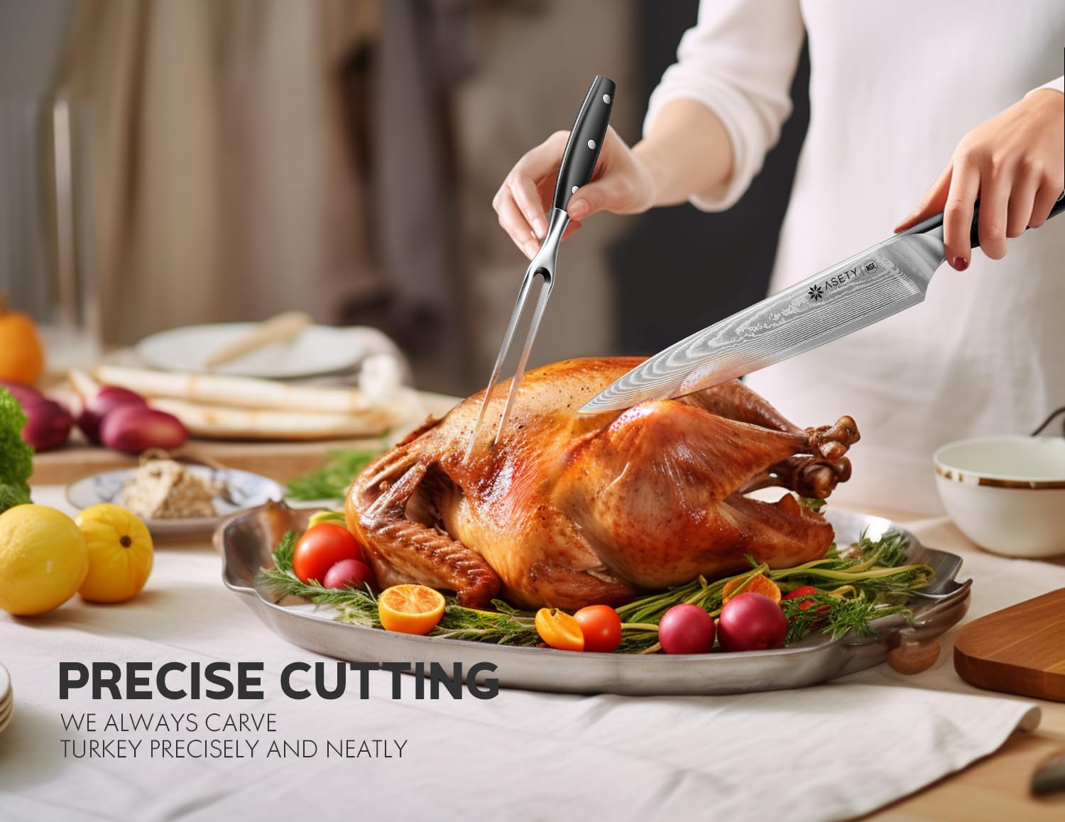 ASETY Damascus carving fork with full tang for secure poultry carving