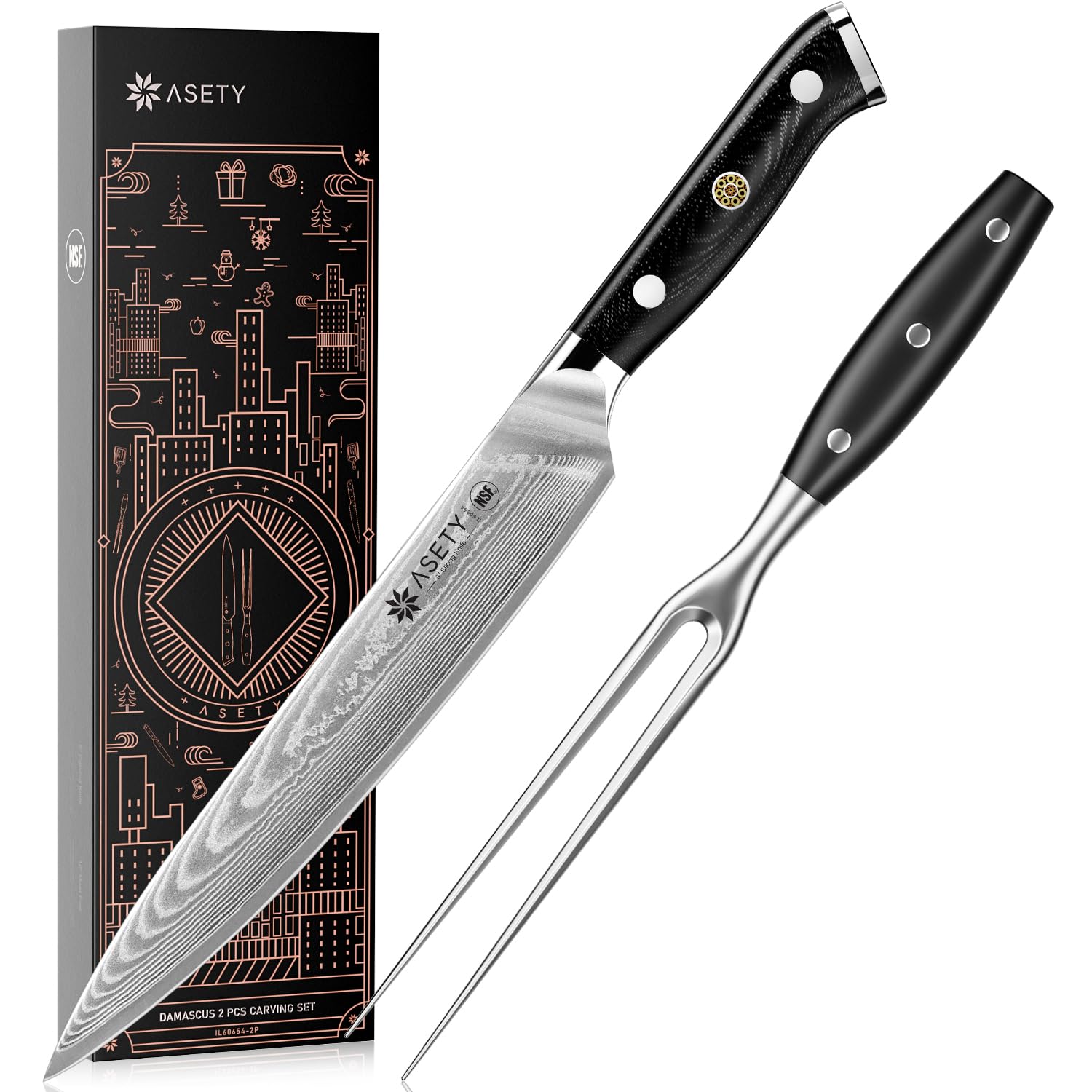 ASETY Damascus carving knife for precise turkey and roast slicing