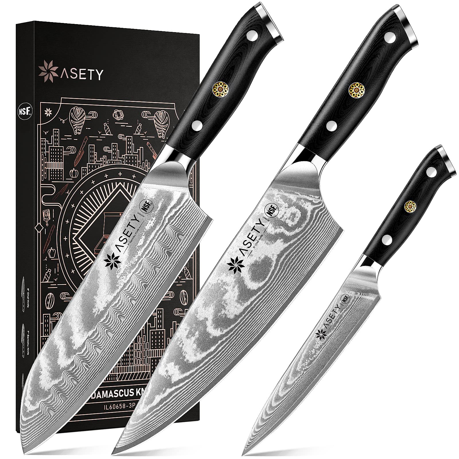ASETY Damascus kitchen knife set 3pc box shown, elegant packaging for gifting or storage.