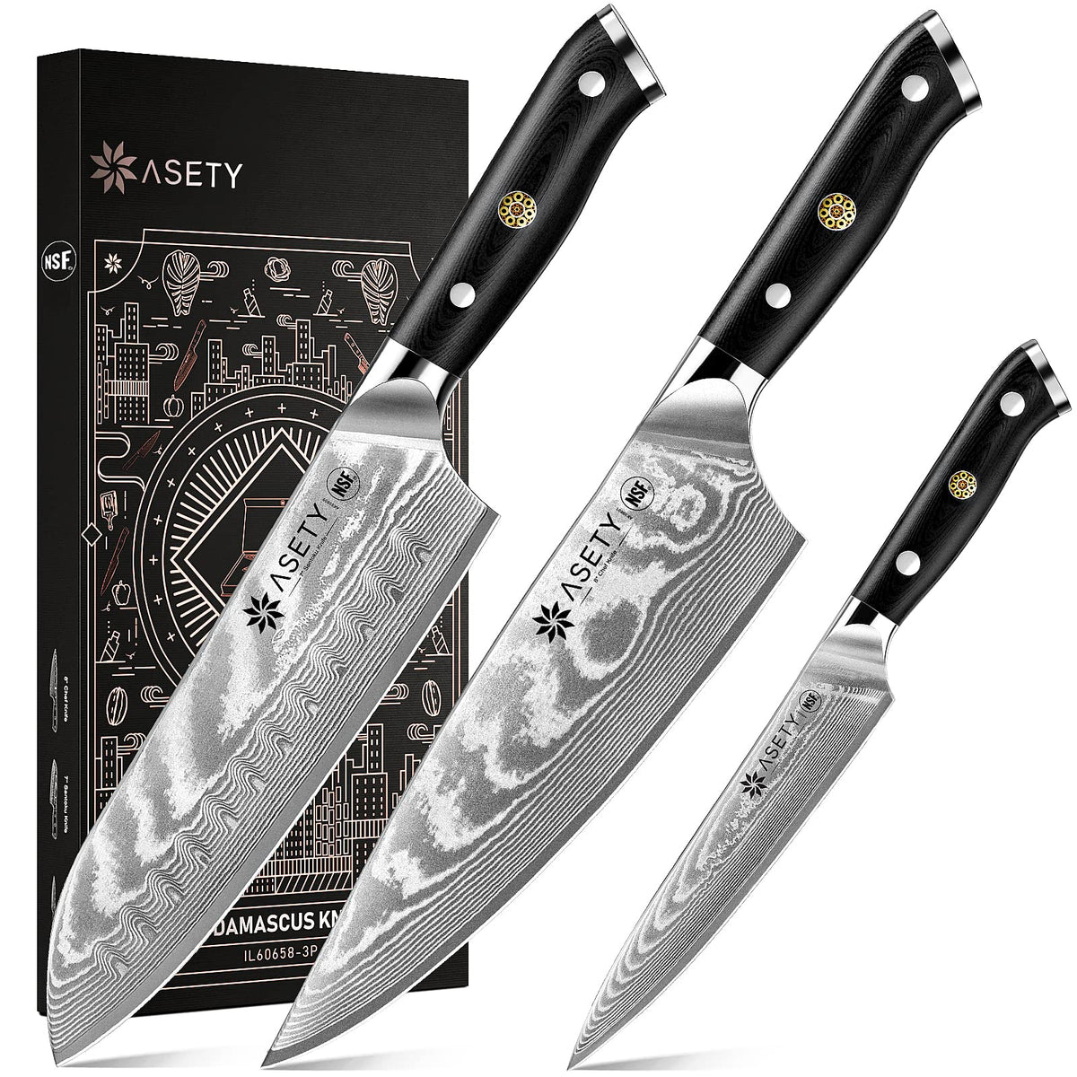 ASETY Damascus kitchen knife set 3pc box shown, elegant packaging for gifting or storage.