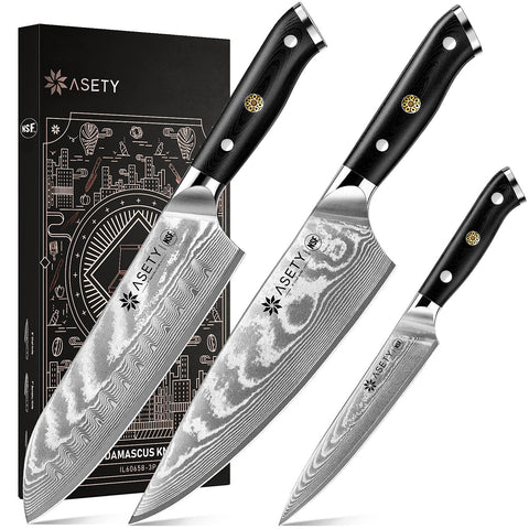 ASETY Damascus kitchen knife set 3pc box shown, elegant packaging for gifting or storage.