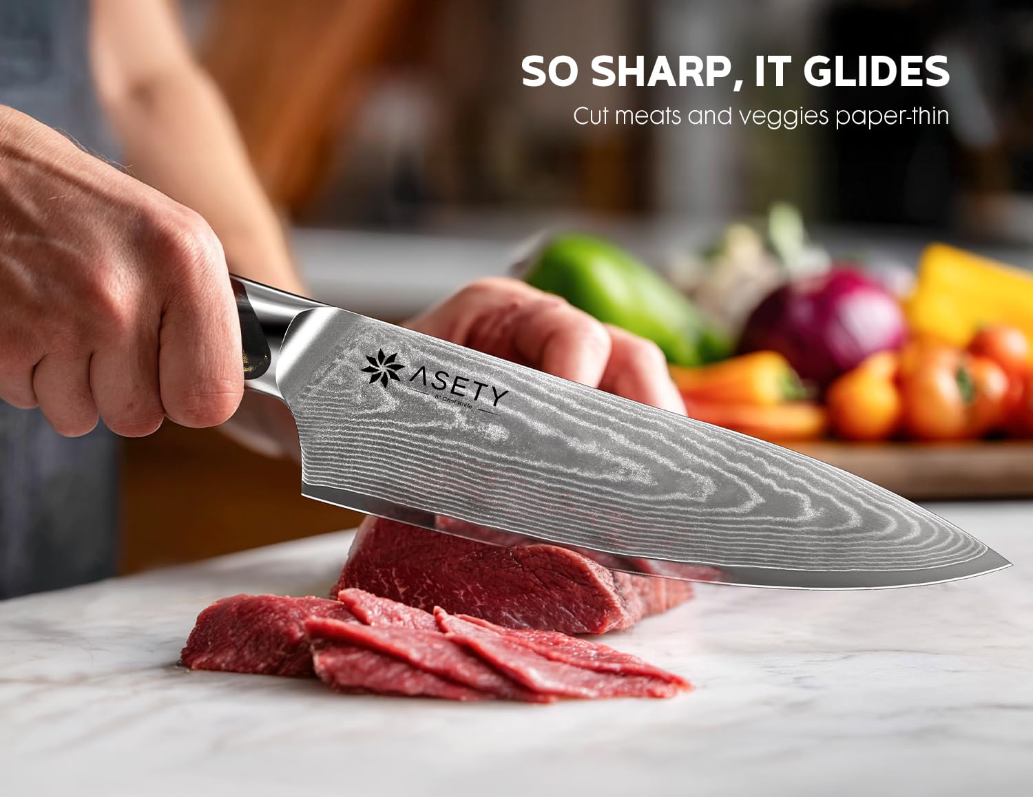 ASETY Damascus knife set 67-layer pattern blade close-up, decorative texture and durability.