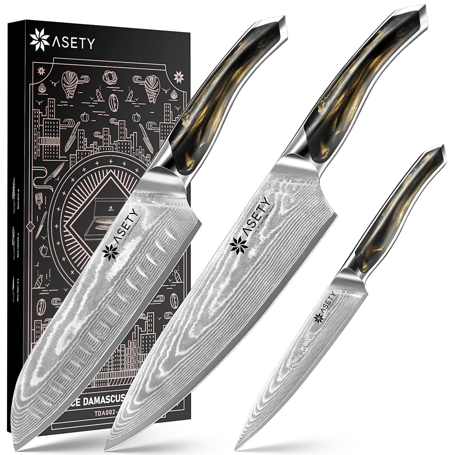 ASETY Damascus knife set 3 pcs box, elegant gift-ready presentation for kitchen lovers.