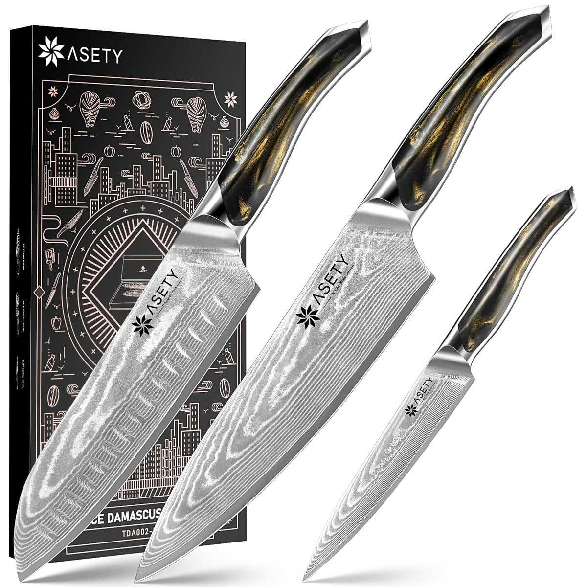 ASETY Damascus knife set 3 pcs box, elegant gift-ready presentation for kitchen lovers.