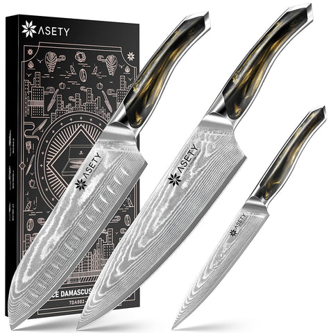 ASETY Damascus knife set 3 pcs box, elegant gift-ready presentation for kitchen lovers.