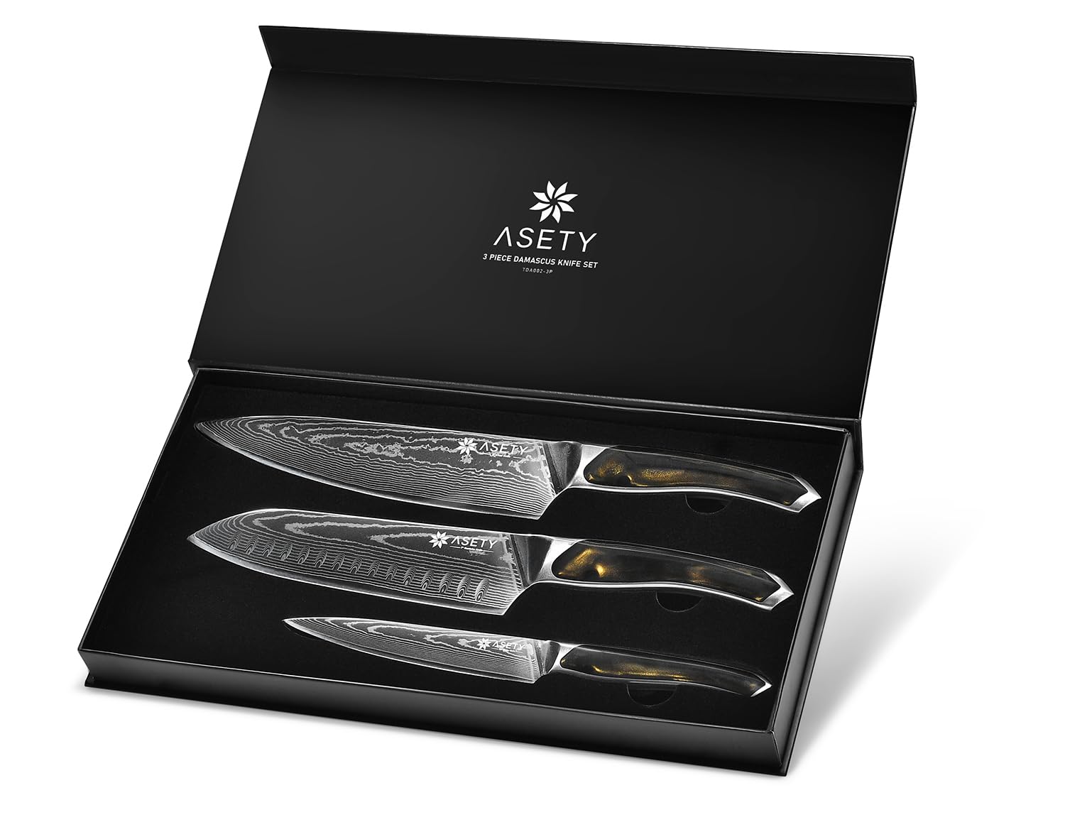 ASETY Damascus knife edge close-up, sharp bevel and layered steel details.