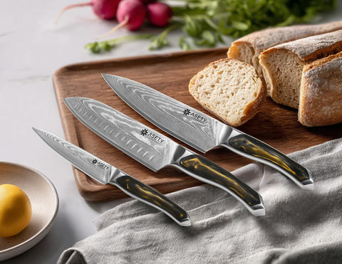 ASETY Damascus knife set edge VG10 core close-up, precision-forged blade for clean slicing.
