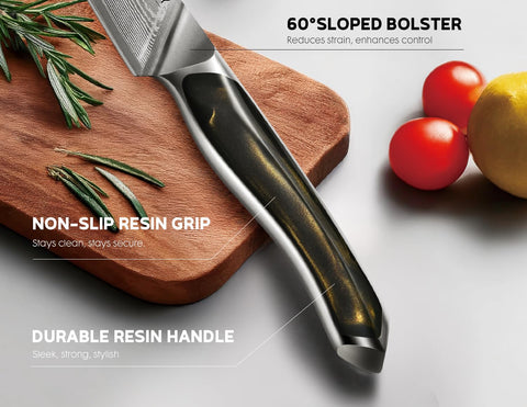 ASETY Damascus knife set full tang resin handle, balanced grip for steady slicing.