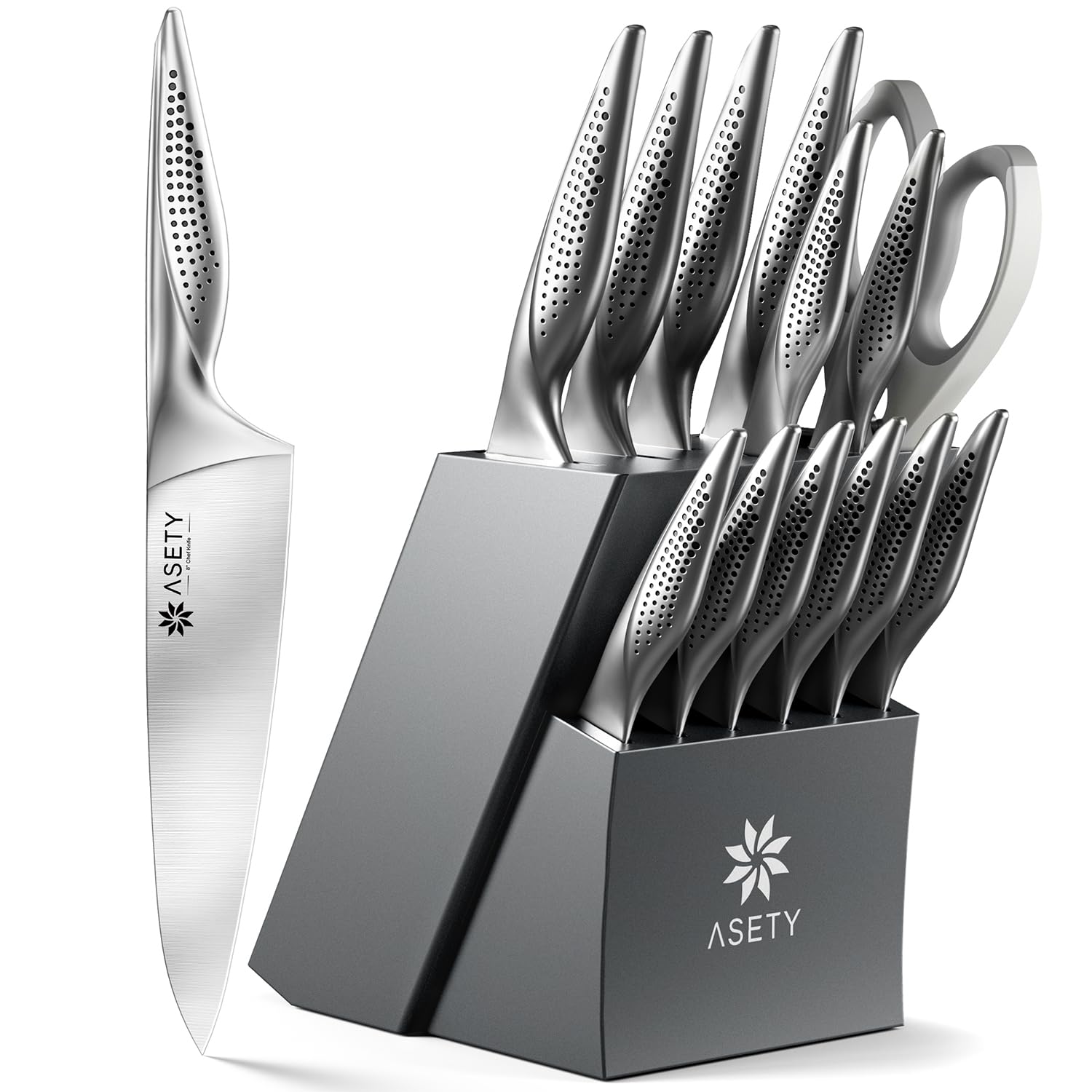 ASETY elegant knife block with sharpener elevates kitchen presentation.