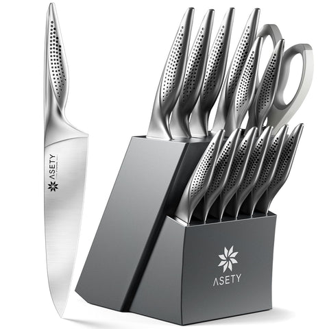 ASETY elegant knife block with sharpener elevates kitchen presentation.