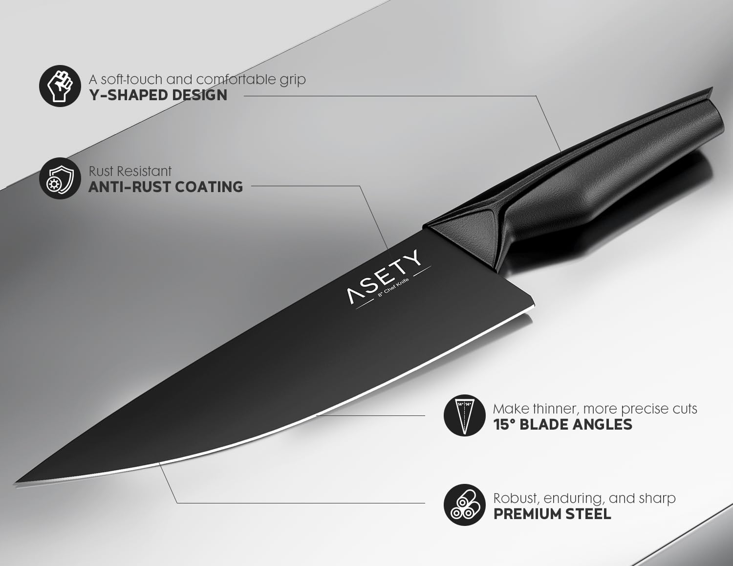 Hardwood block keeps blades organized and ready with the built-in sharpener.