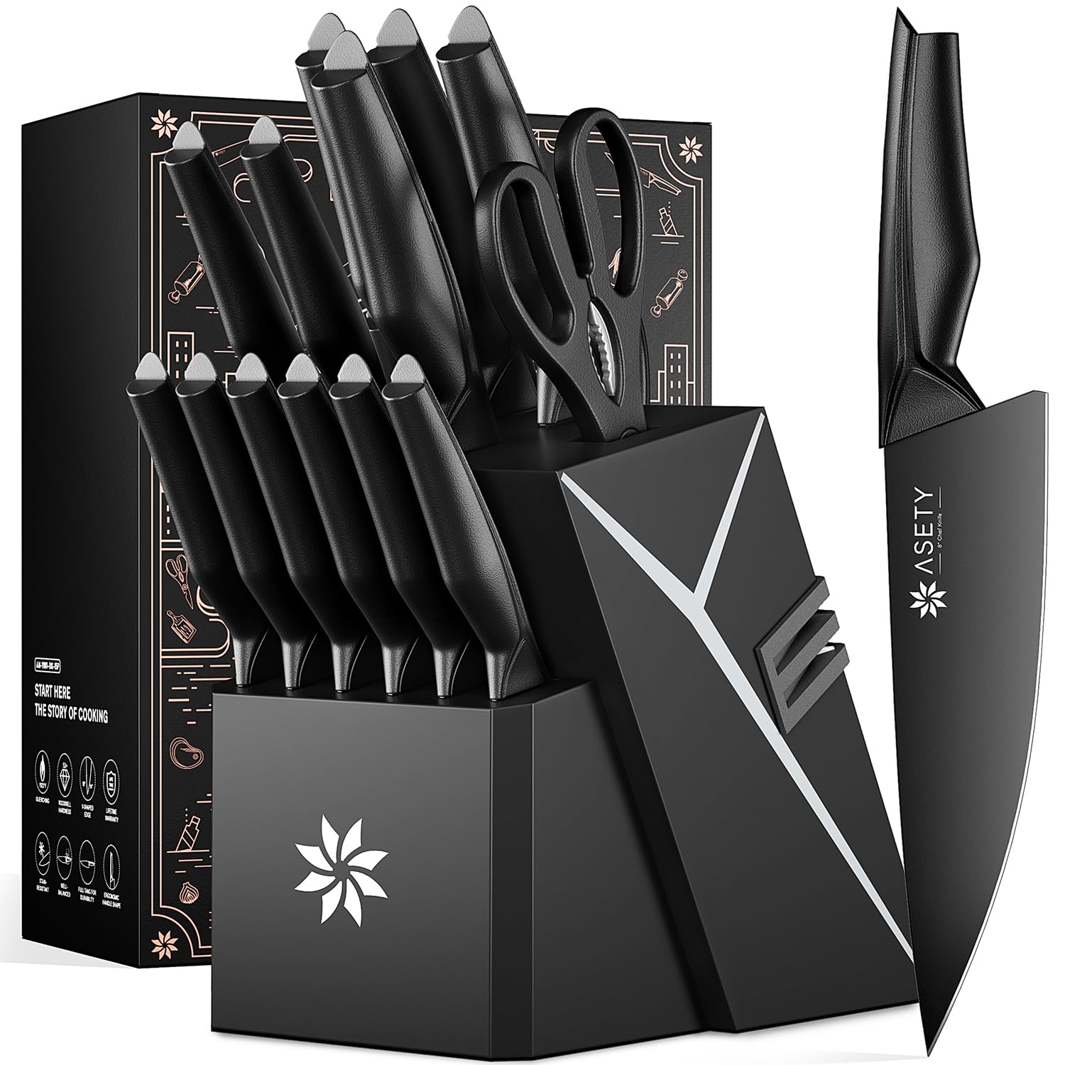ASETY kitchen knife set with block and built-in sharpener for organized countertop prep.