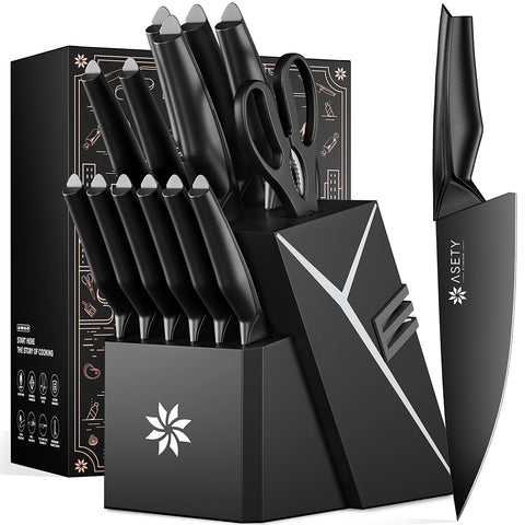 ASETY kitchen knife set with block and built-in sharpener for organized countertop prep.
