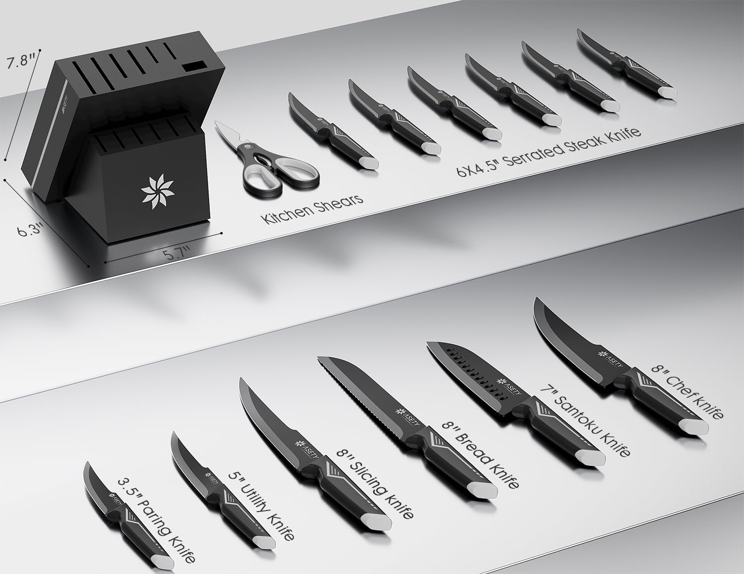 ASETY 8-inch chef knife with black blade and white handle for precise cutting.