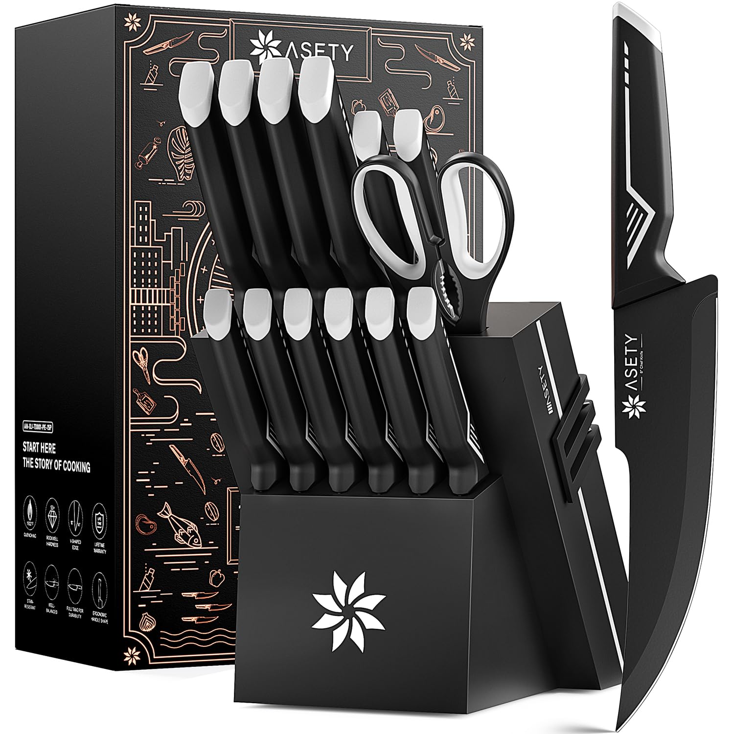 ASETY knife set in block with built-in sharpener for easy maintenance.