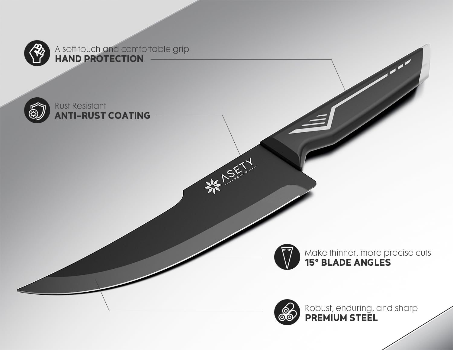 ASETY knife block with blades on display and built-in sharpener.