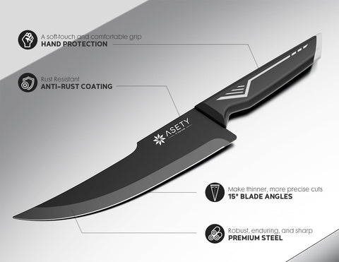 ASETY knife block with blades on display and built-in sharpener.