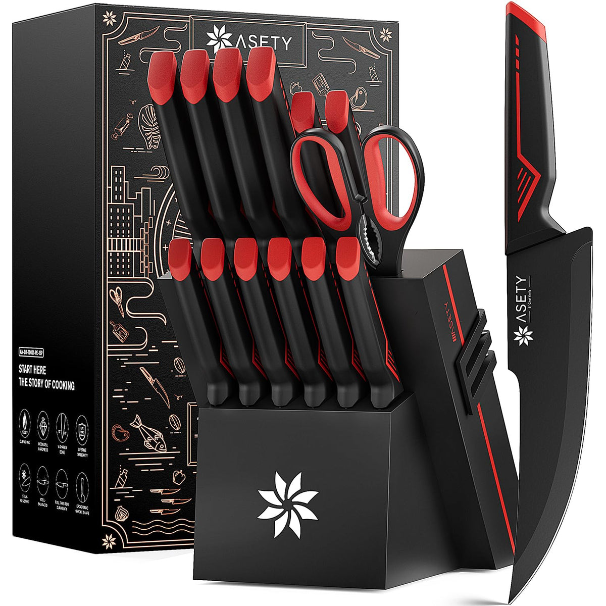ASETY knife set box on counter with bold red and black design for a stylish kitchen