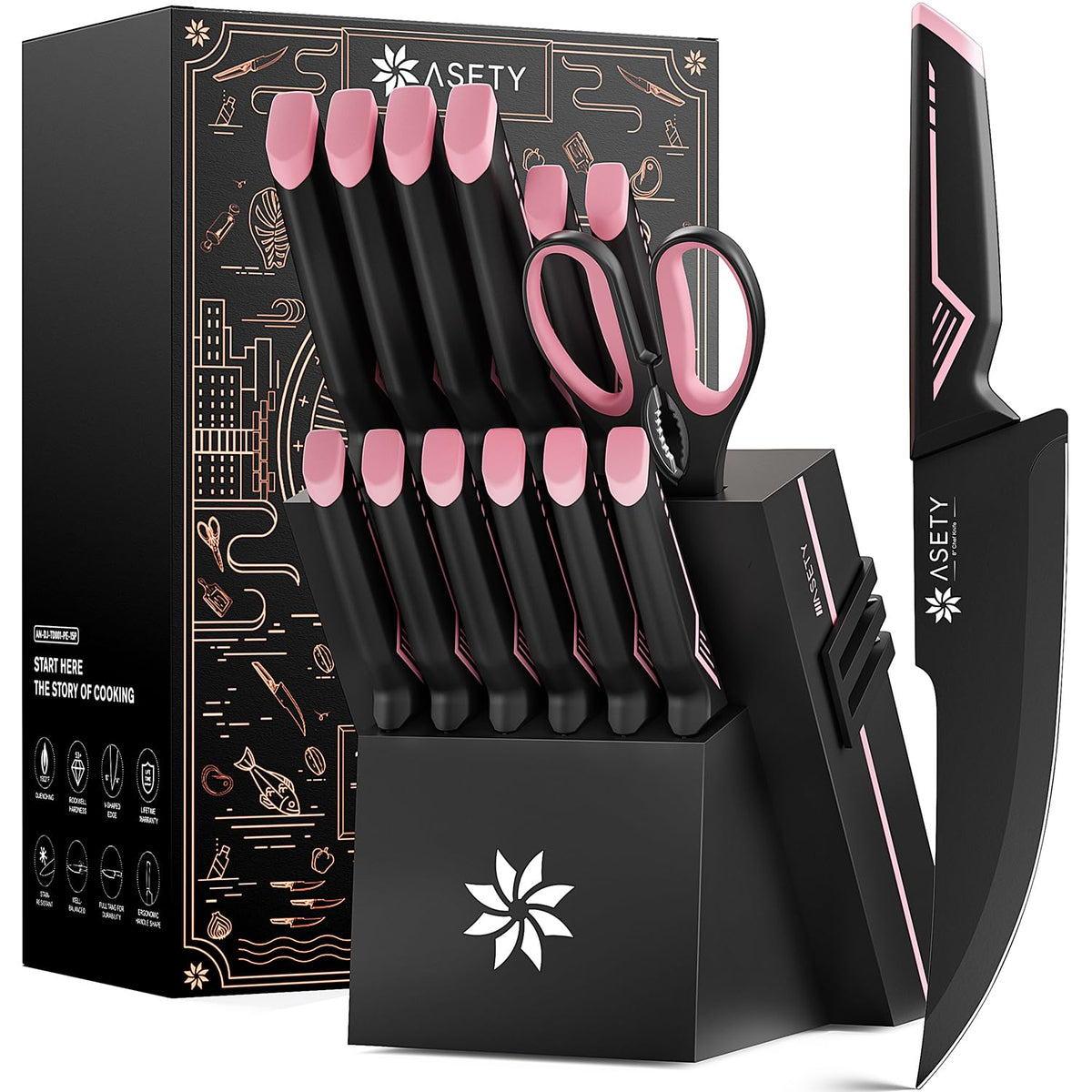 ASETY knife set with pink handles on the countertop for daily prep and style.