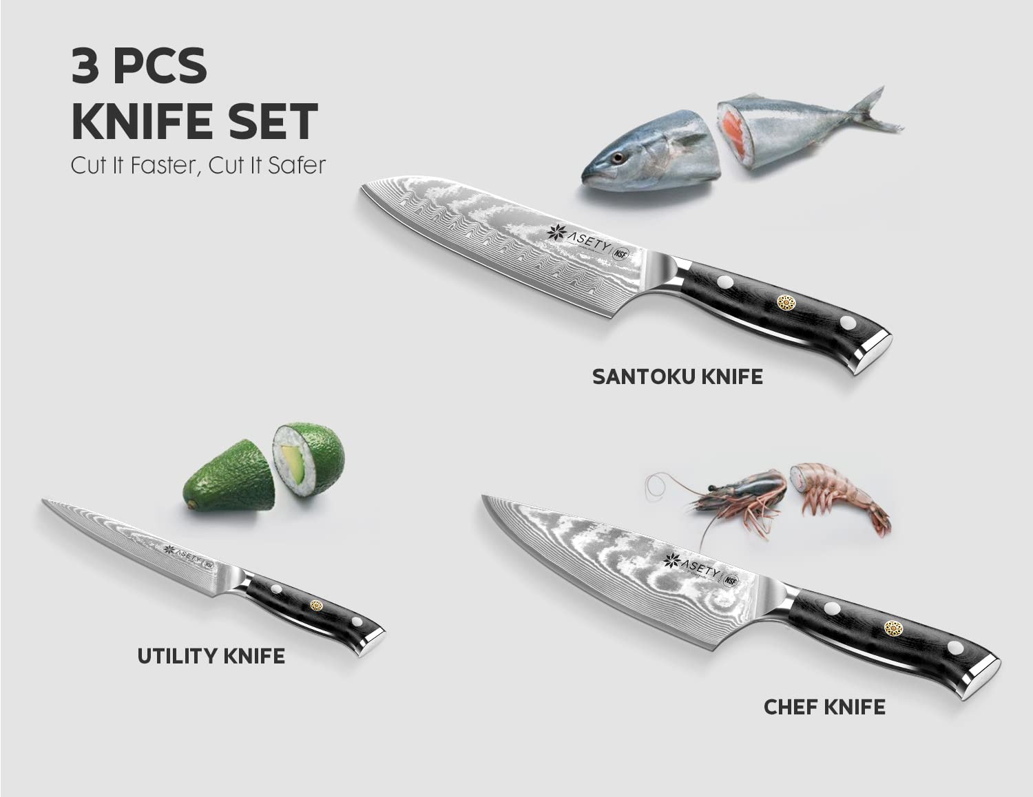 ASETY NSF-certified knives, safety-compliant for professional kitchens and home use.