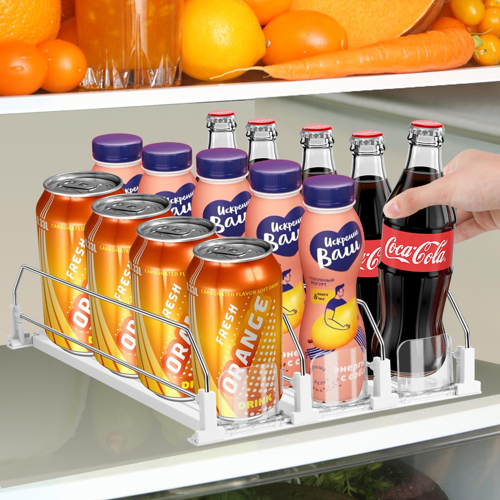 Asika drink organizer in fridge with three-row layout for organized beverages