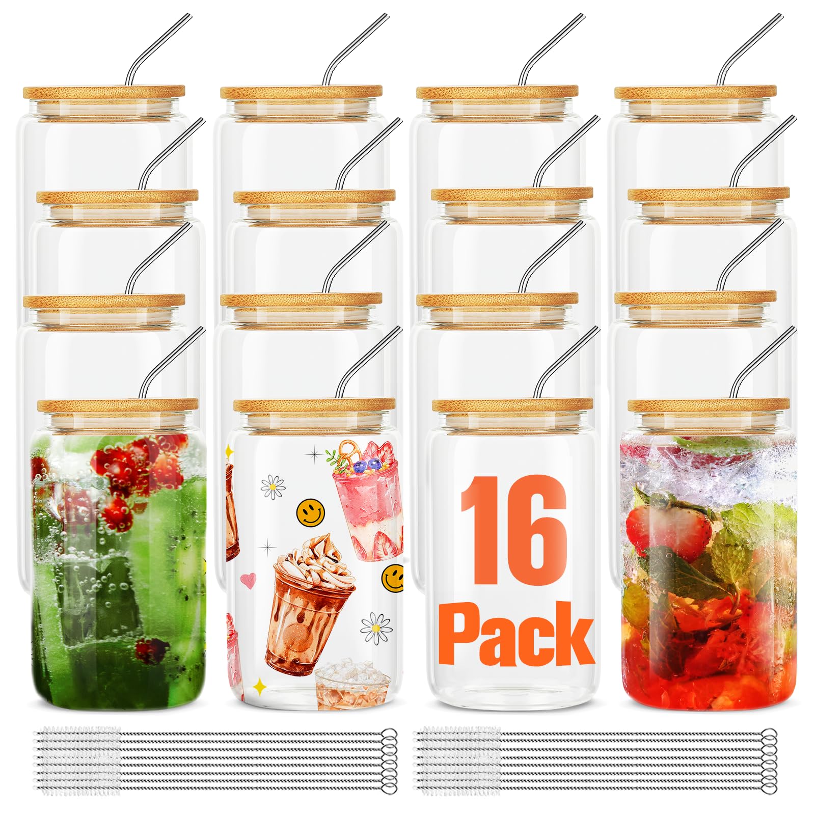 ASKIZ 16pcs glass cups with bamboo lids and straws for stylish entertaining.