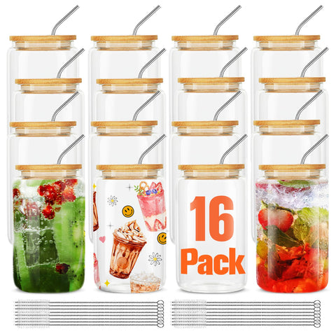 ASKIZ 16pcs glass cups with bamboo lids and straws for stylish entertaining.