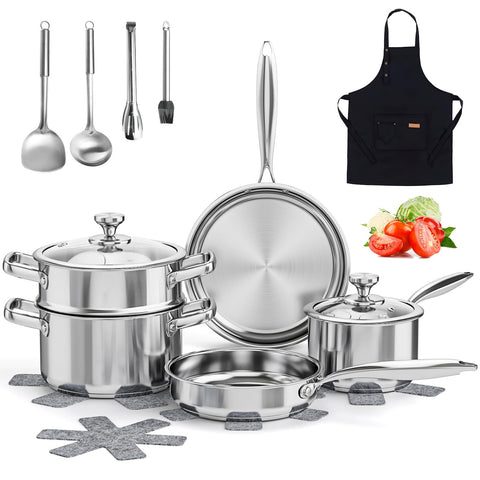 ASKSCICI stainless steel cookware set with glass lids shown for versatile cooking