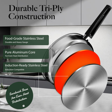 ASKSCICI tri-ply aluminum core delivers fast even heat for sauces