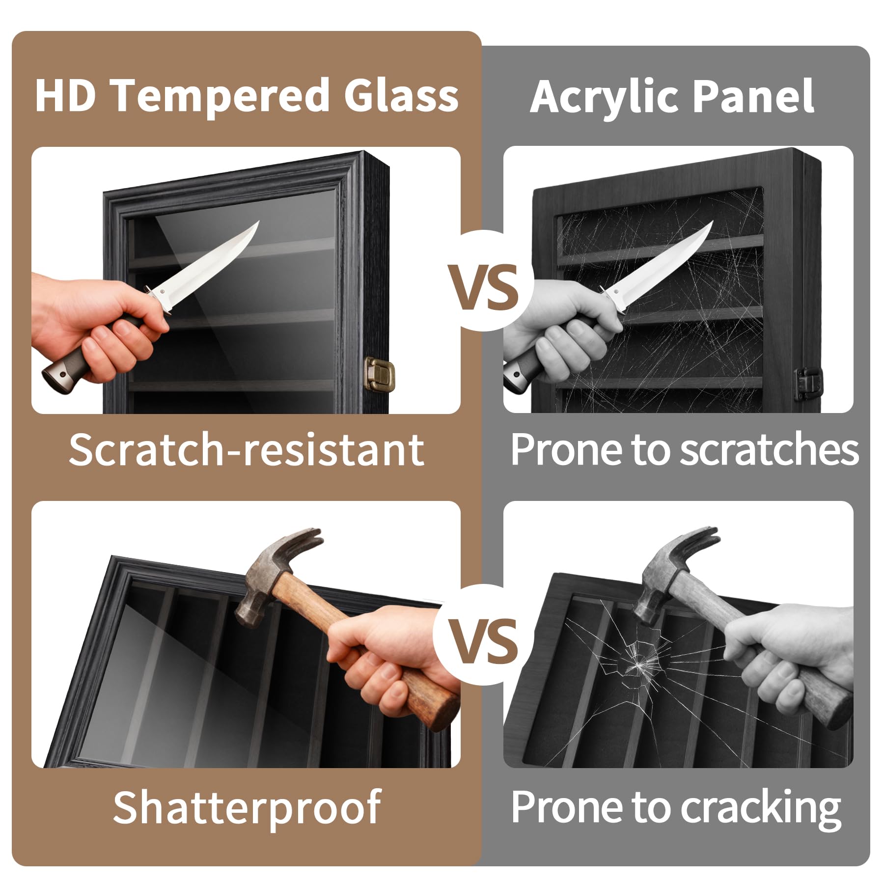 ASmileIndeep knife display case removable shelves closeup demonstrates customizable knife sizes.