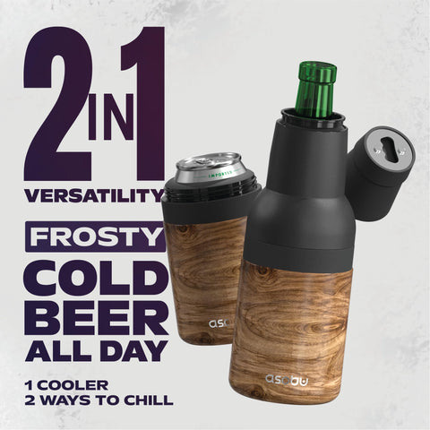 Asobu Frosty Beer Holder 2 Go durable sweat-proof exterior supports outdoor use.
