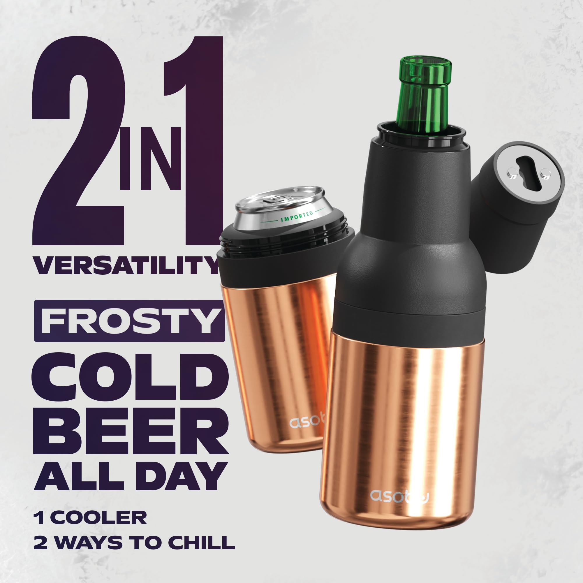 Asobu Frosty Beer Holder built-in opener in silicone cap enhances portable usability