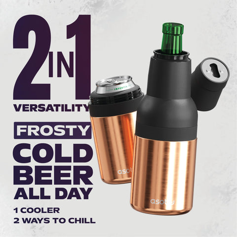 Asobu Frosty Beer Holder built-in opener in silicone cap enhances portable usability