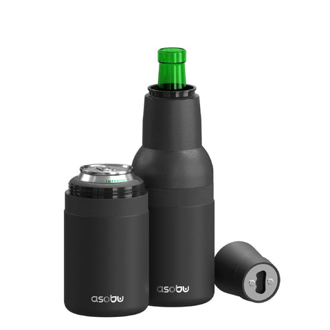 Asobu Frosty Beer Holder front view shows can and bottle compatibility for versatile use.