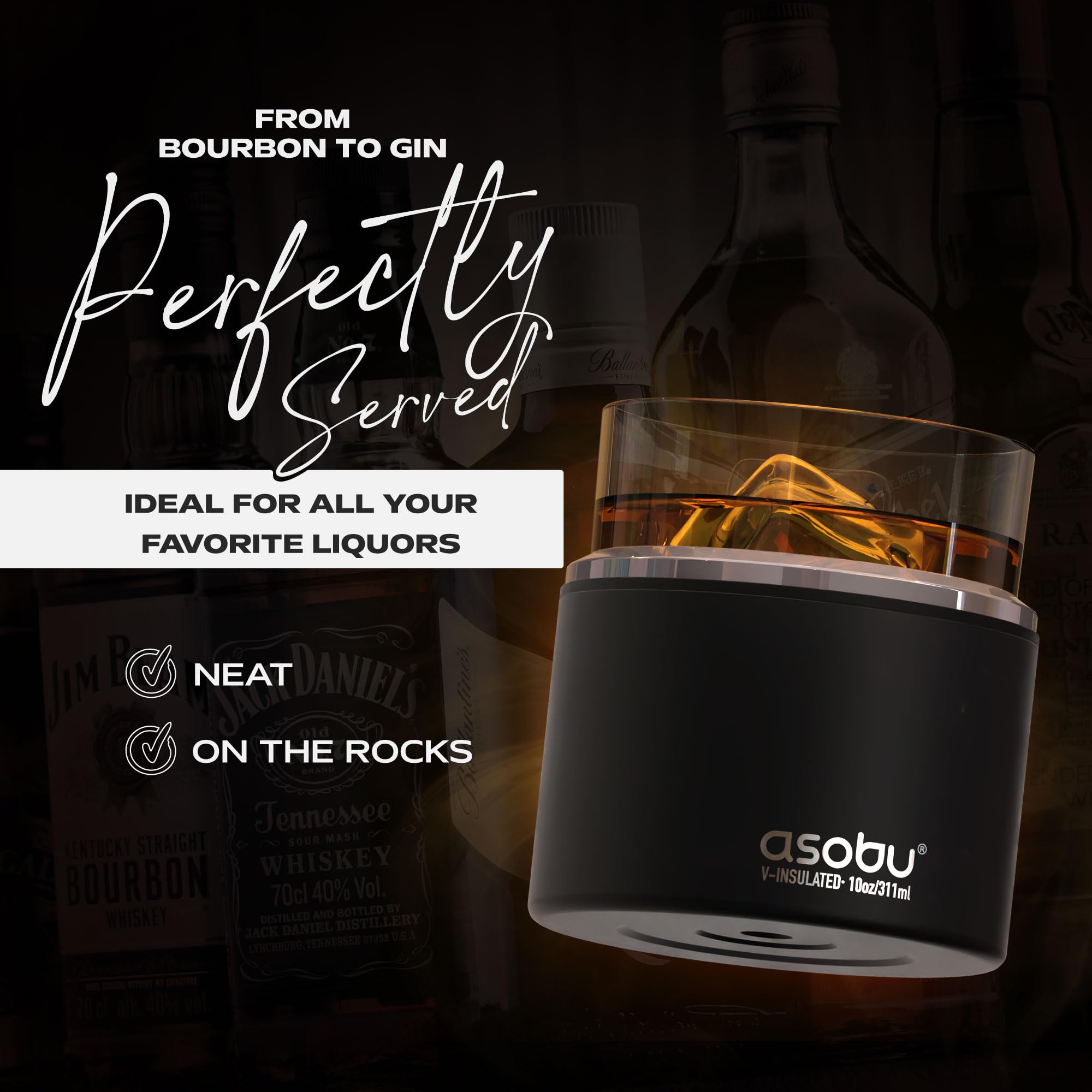 asobu whiskey glass in hand with insulated sleeve for stylish sipping